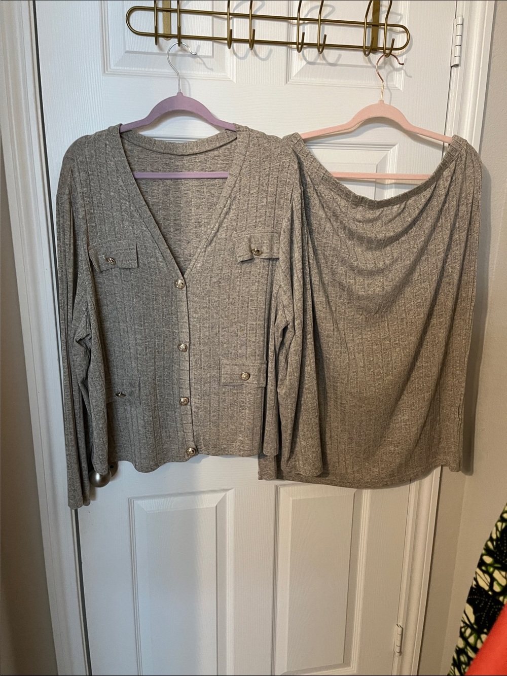 Classic Taupe Ribbed Skirt Set — Button-Front Cardigan & Matching Skirt